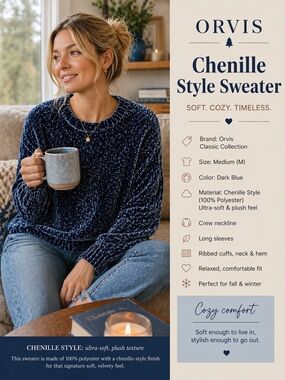 Orvis Chenille-Style Sweater Size M Dark Blue Plush Crewneck Cozy Soft Knit